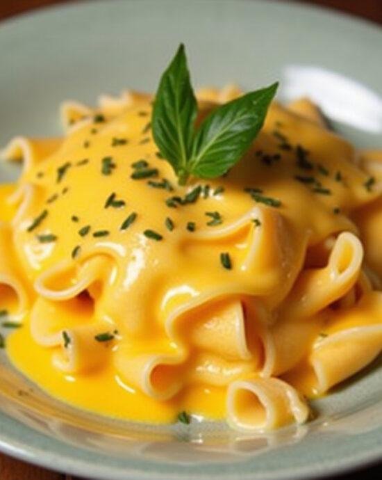 Plat de pâtes avec une sauce crémeuse au fromage rouge Mimolette et Cheddar, assaisonné d'herbes.