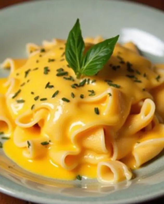 Plat de pâtes avec une sauce crémeuse au fromage rouge Mimolette et Cheddar, assaisonné d'herbes.