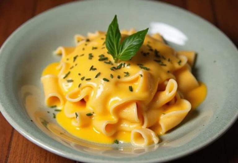 Plat de pâtes avec une sauce crémeuse au fromage rouge Mimolette et Cheddar, assaisonné d'herbes.