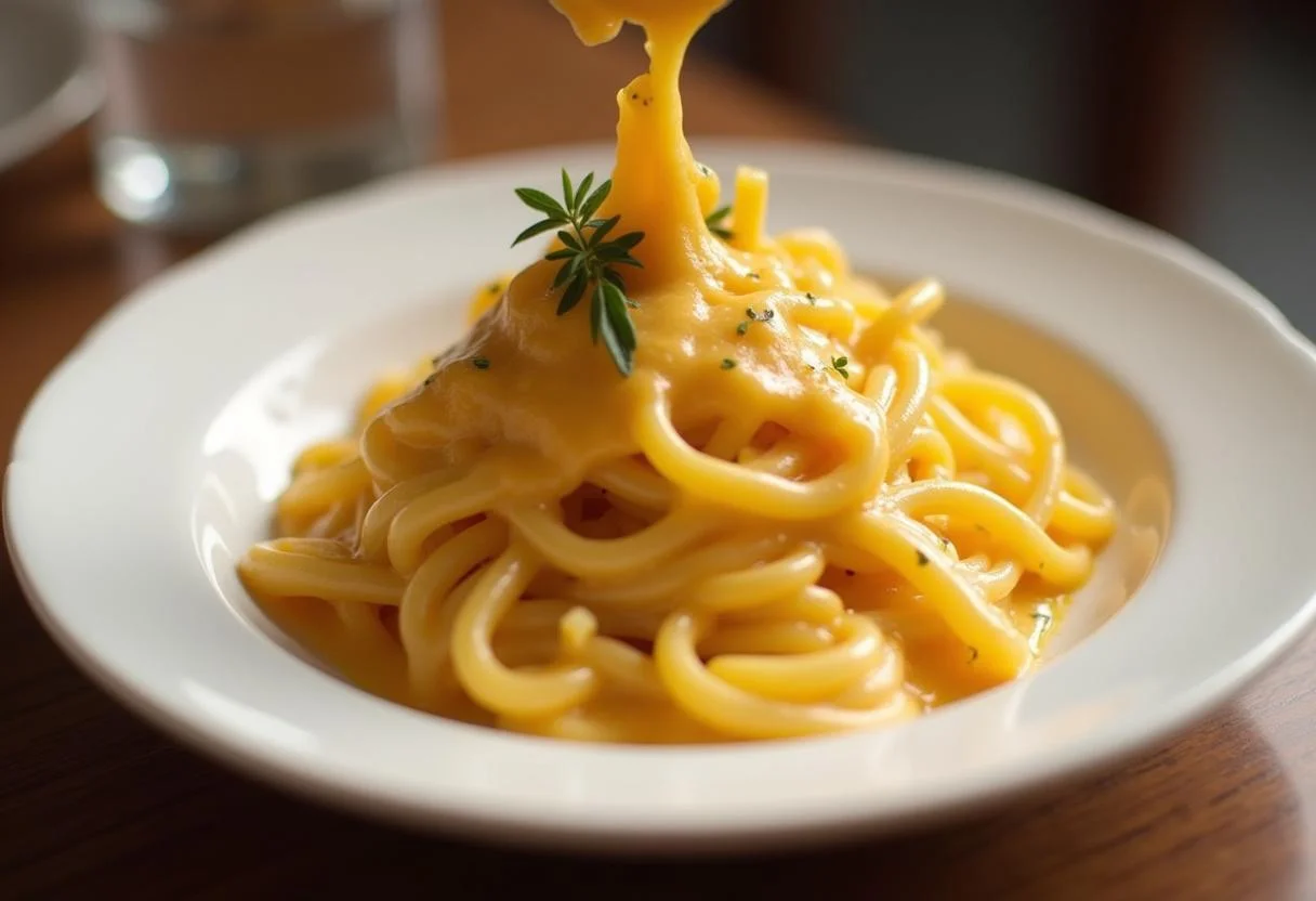 Plat de pâtes avec une sauce crémeuse au fromage rouge Mimolette et Cheddar, assaisonné d'herbes.