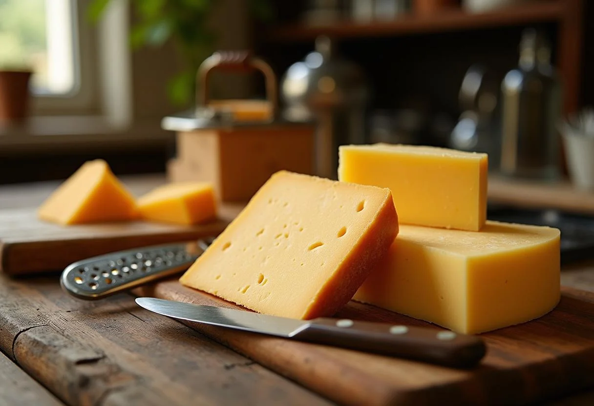 Bloc de fromage Mimolette et de fromage Cheddar sur une table en bois rustique, ambiance de cuisine chaleureuse.