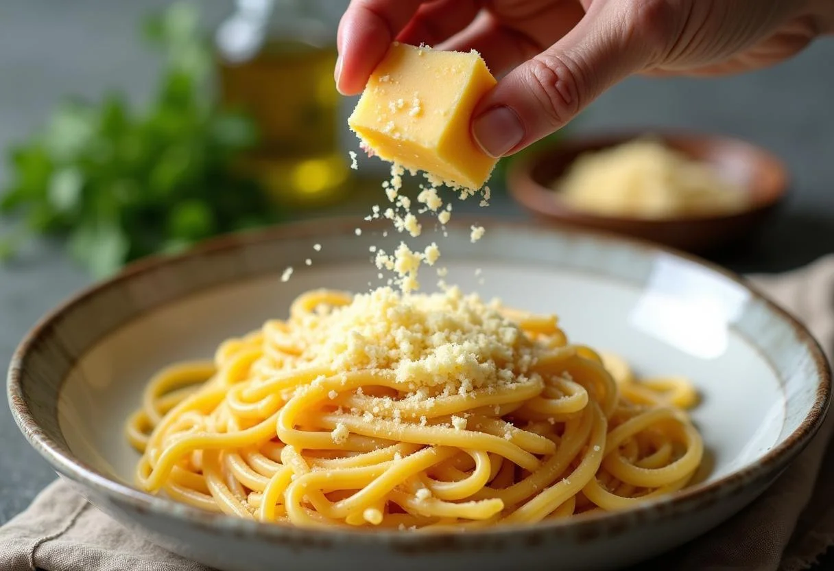 Fromage Mimolette râpé sur des pâtes fraîches, ambiance conviviale avec des herbes fraîches et de l'huile d'olive.