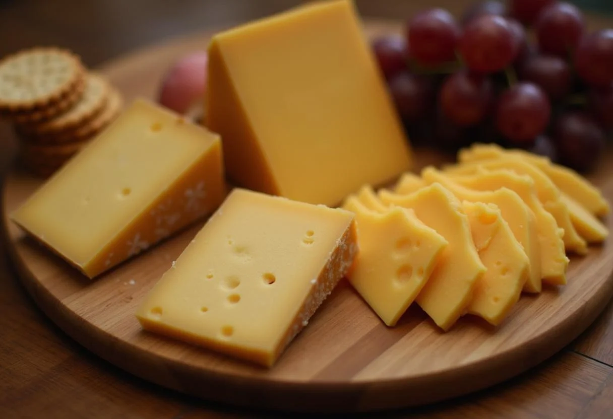 Plateau de fromage avec des tranches de Mimolette et Cheddar, accompagné de crackers et de raisins.