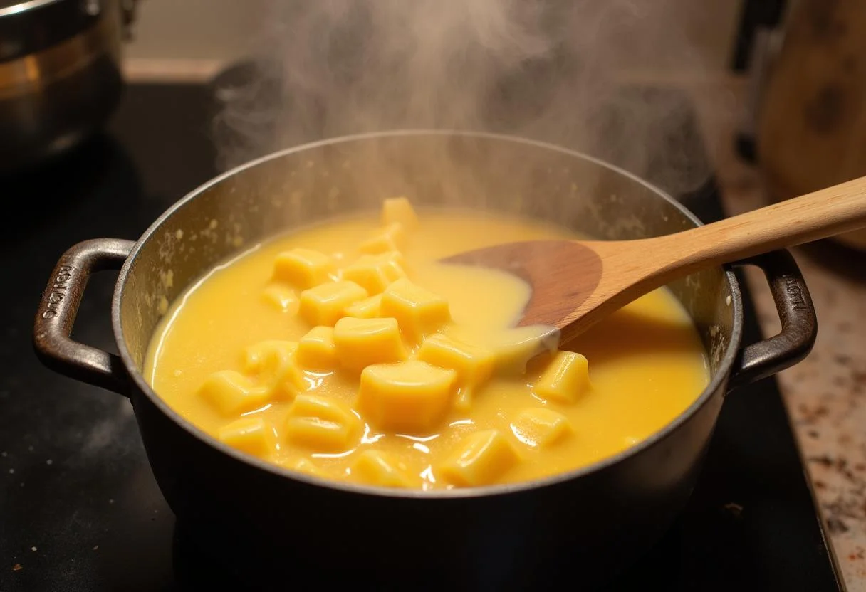 Mélange de fromage Mimolette et Cheddar fondant dans une casserole, ambiance de cuisine remplie d'arômes de fromage.