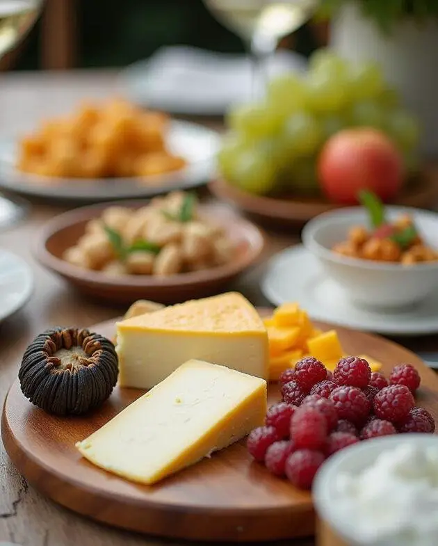 Plateau de fromage Tête de Moine et sa girolle, avec des accompaniments savoureux et des fruits frais, prêt pour une dégustation.