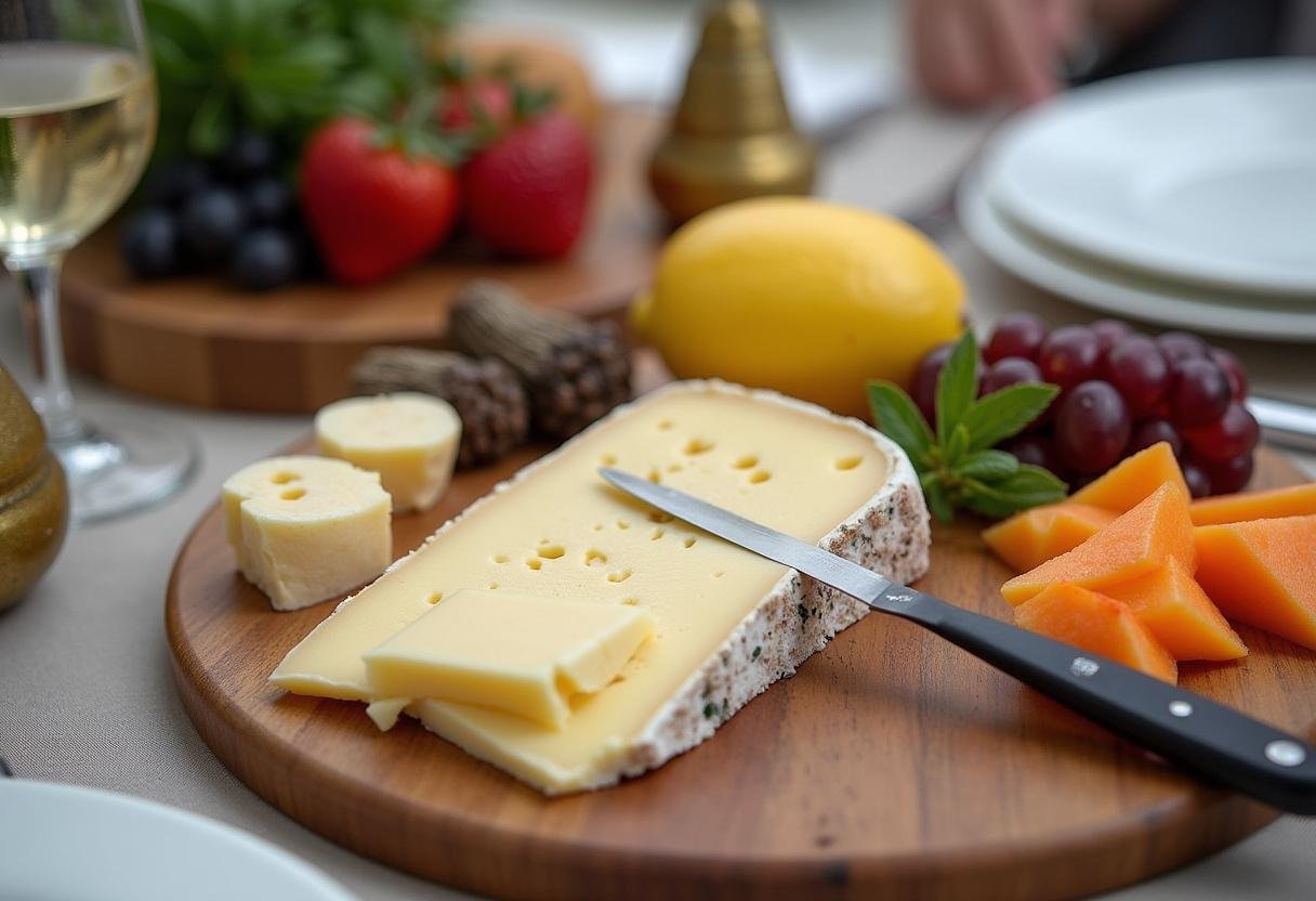 Plateau de fromage TĂȘte de Moine et sa girolle, avec des accompaniments savoureux et des fruits frais, prĂȘt pour une dĂ©gustation.
