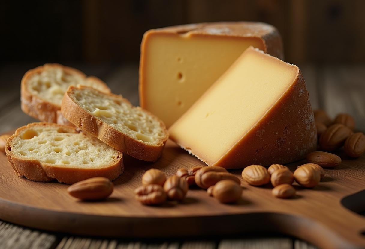 PrĂ©sentation d'un fromage TĂȘte de Moine sur un plateau en bois avec une baguette fraĂźche et des noix.