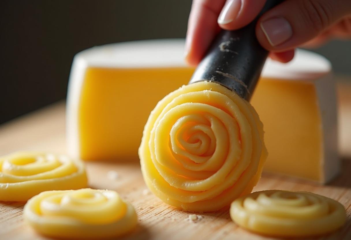 Utilisation d'une girolle pour crĂ©er des rosettes de fromage TĂȘte de Moine dans un cadre accueillant.