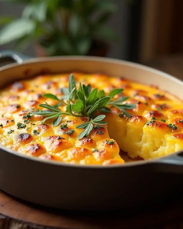 Présentation finale du fromage à tartiflette doré et appétissant sur une table en bois rustique.