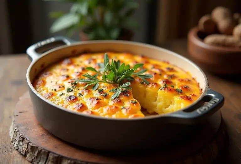Présentation finale du fromage à tartiflette doré et appétissant sur une table en bois rustique.