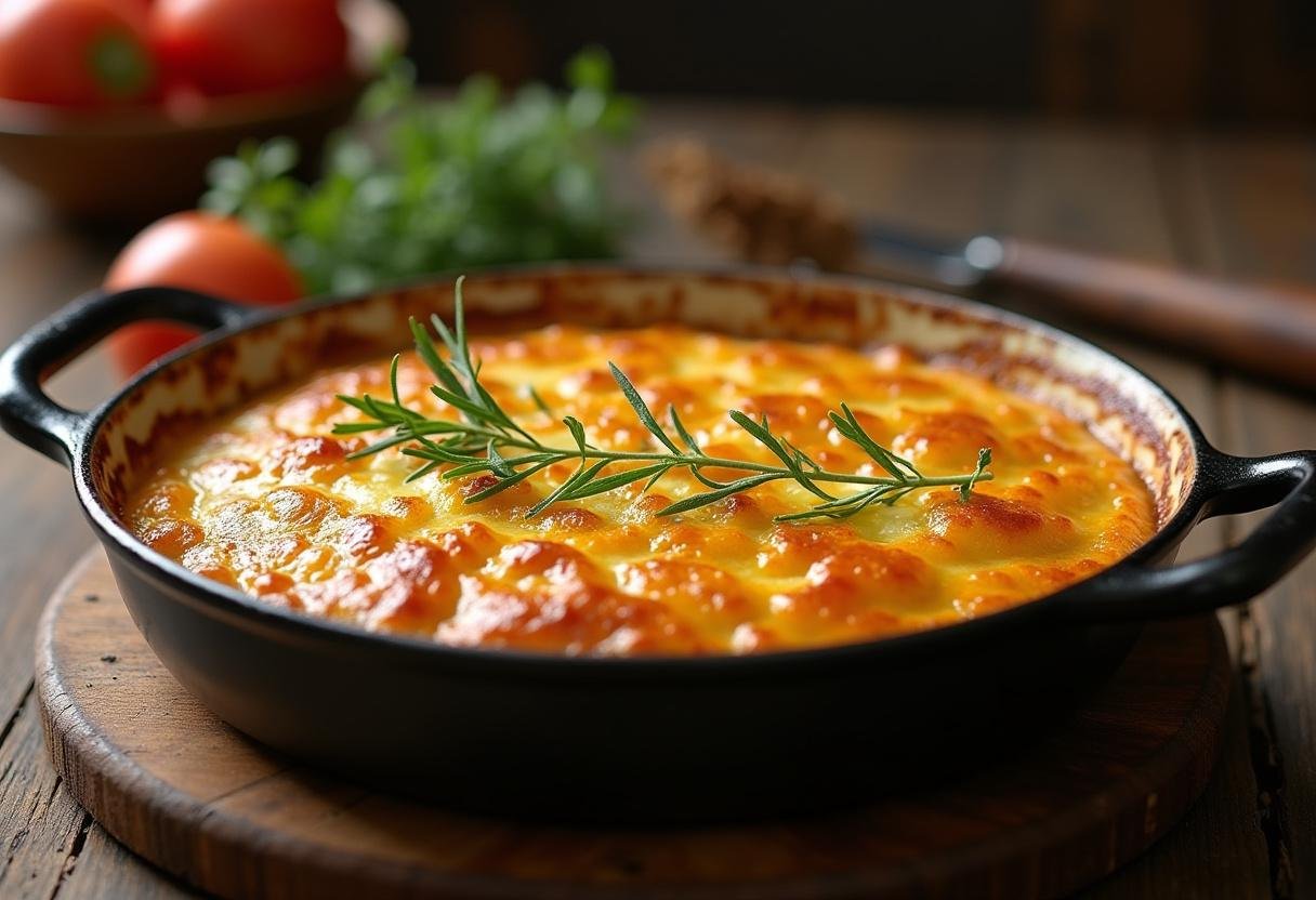 Présentation finale du fromage à tartiflette doré et appétissant sur une table en bois rustique.