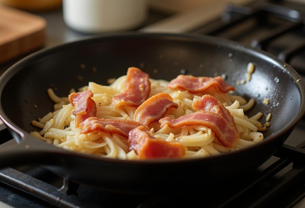 Cuisson des oignons et du bacon pour le fromage à tartiflette dans une poêle sur le feu.