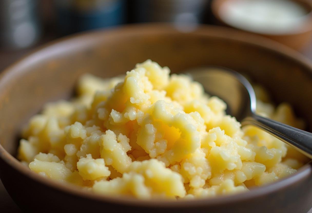 Écrasement des pommes de terre pour la préparation de fromage à tartiflette dans un grand bol.
