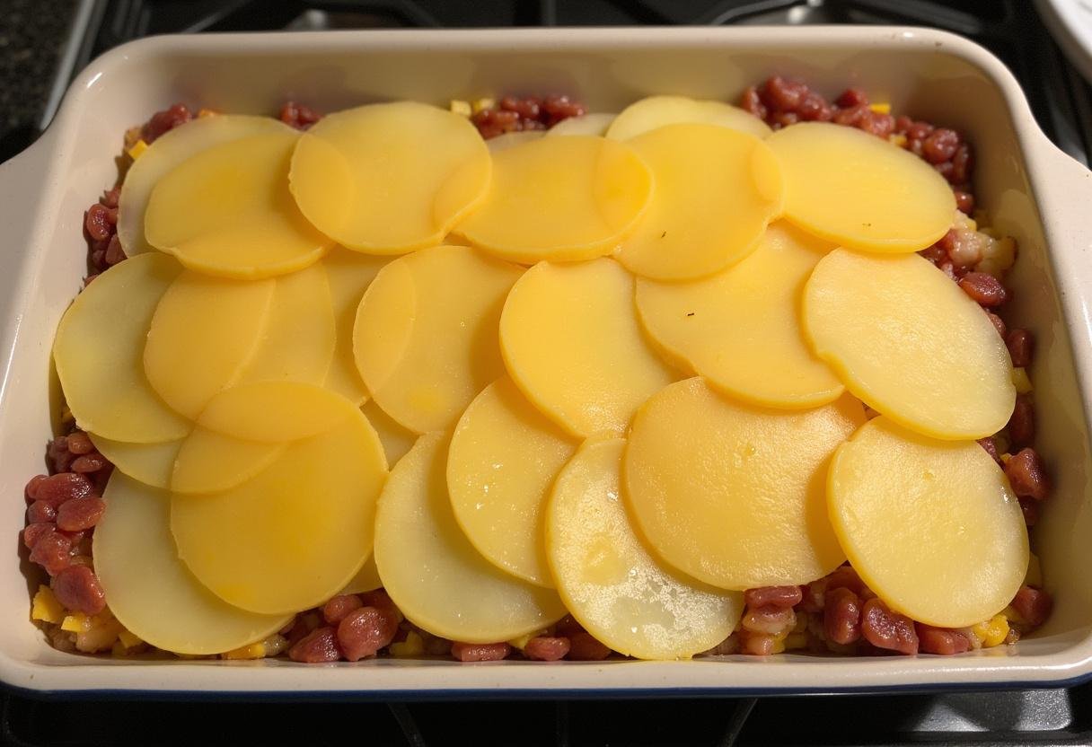 Montage de la tartiflette avec des pommes de terre, mélange oignon-bacon et fromage Reblochon dans un plat à gratin.