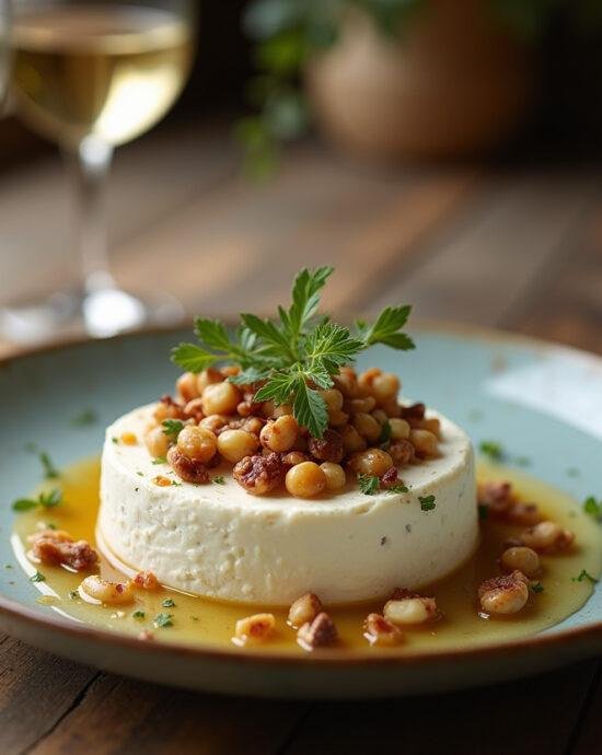 Fromage aux noix maison joliment présenté sur une table rustique, agrémenté d'herbes fraîches et d'un verre de vin.