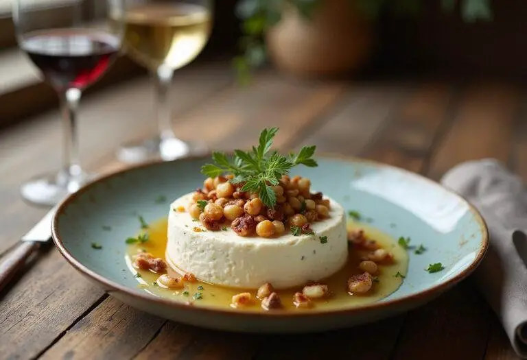 Fromage aux noix maison joliment présenté sur une table rustique, agrémenté d'herbes fraßches et d'un verre de vin.