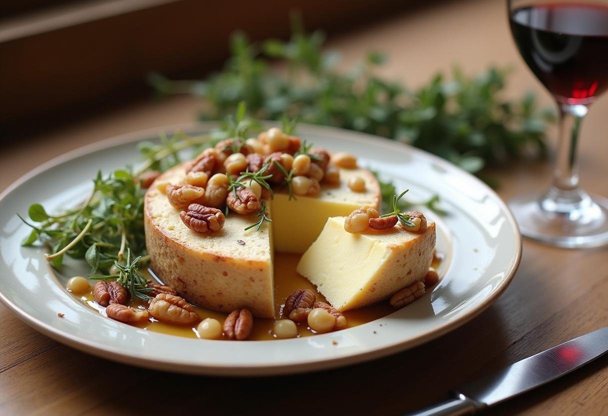 Fromage aux noix maison joliment présenté sur une table rustique, agrémenté d'herbes fraßches et d'un verre de vin.