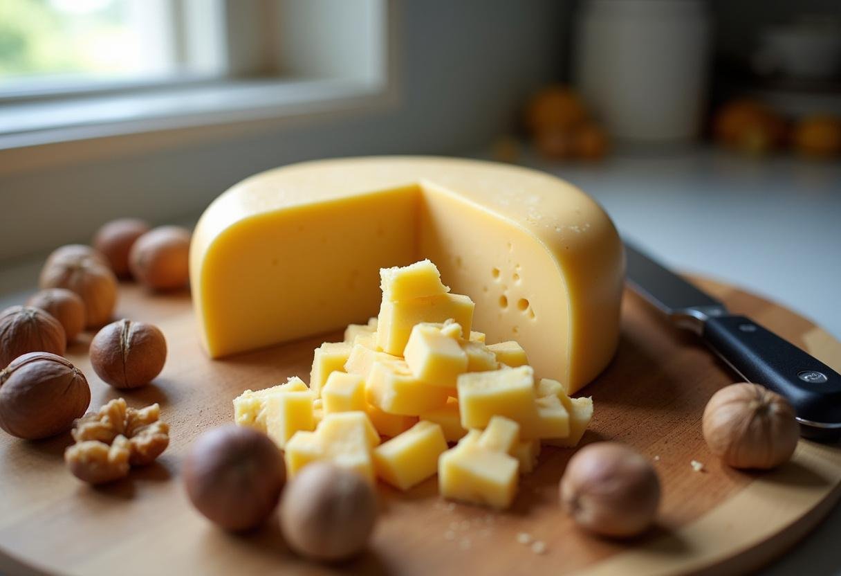 Préparation du fromage aux noix avec un fromage découpé et des morceaux de noix fraßches sur une planche à découper en bois.