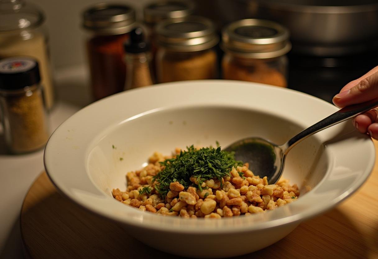 Mélange d'herbes et de noix pour la préparation du fromage aux noix, dans un bol sur le comptoir de la cuisine.