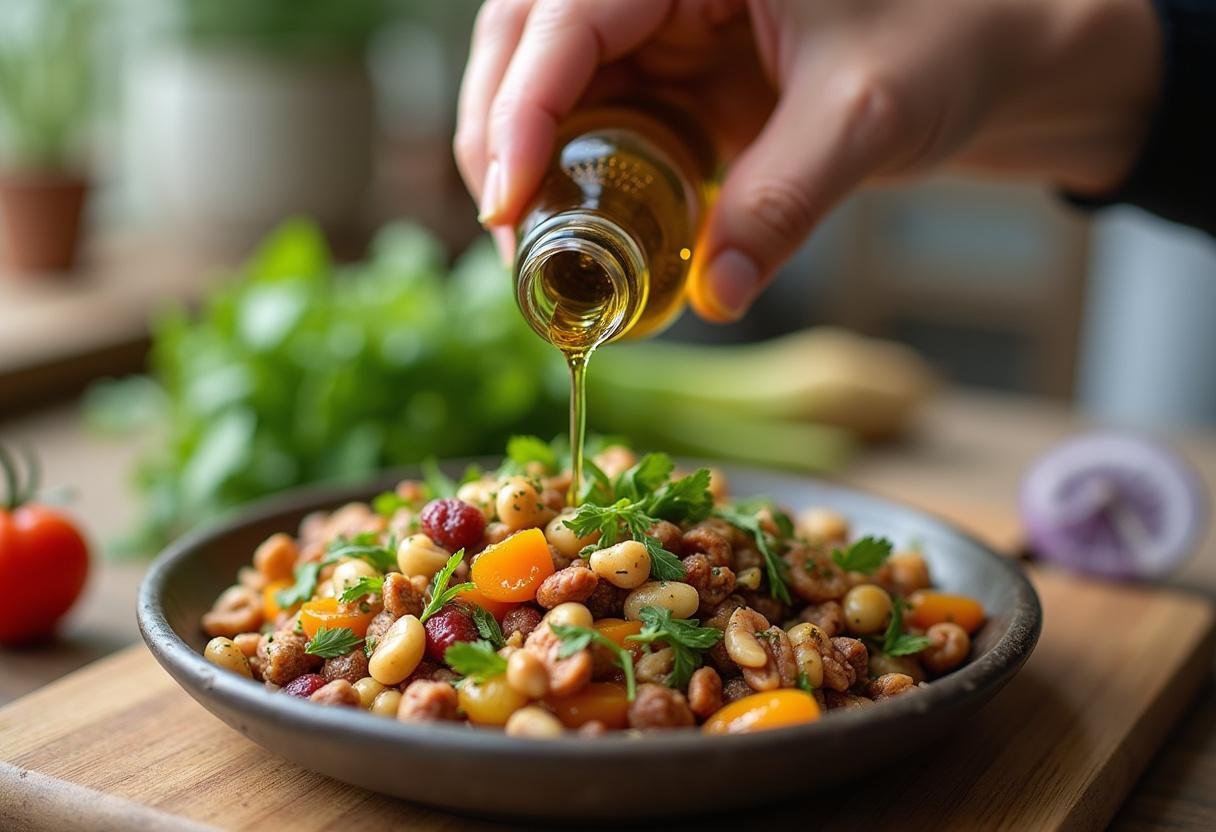 Ajout d'huile d'olive au mélange de noix et d'herbes pour le fromage aux noix, mettant en valeur la fraßcheur des ingrédients.