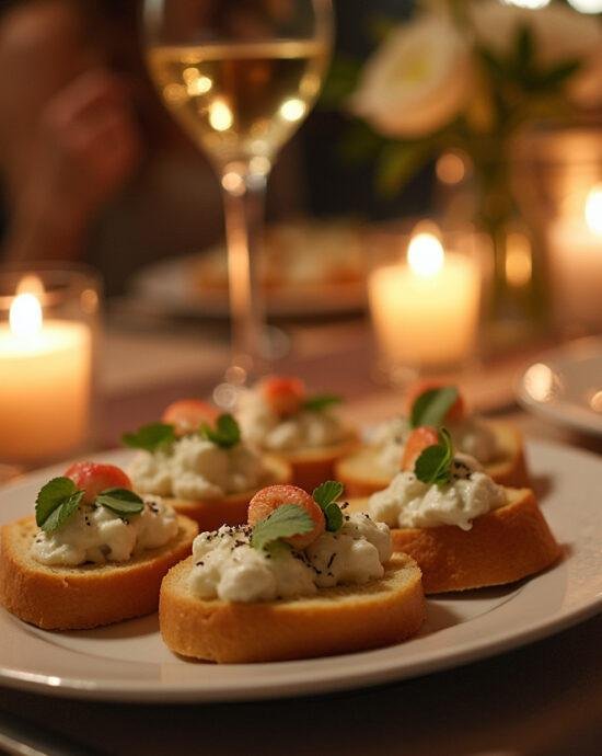 Table élégamment dressée avec du fromage de chèvre frais, baguette et vin, parfaite pour une soirée conviviale.