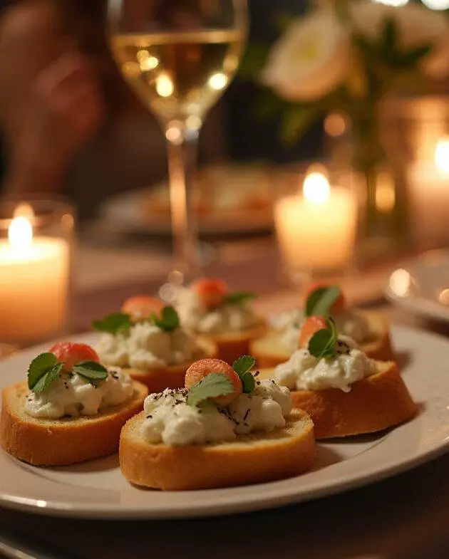 Table élégamment dressée avec du fromage de chèvre frais, baguette et vin, parfaite pour une soirée conviviale.