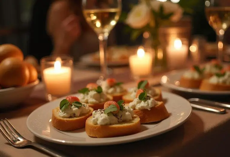 Table élégamment dressée avec du fromage de chèvre frais, baguette et vin, parfaite pour une soirée conviviale.