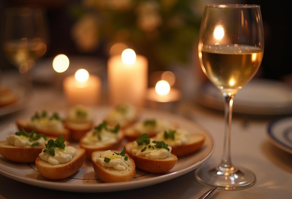 Table élégamment dressée avec du fromage de chèvre frais, baguette et vin, parfaite pour une soirée conviviale.