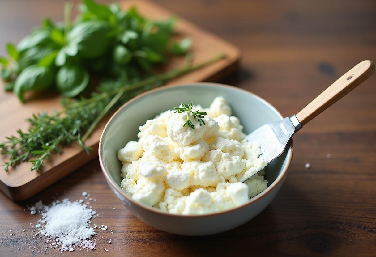 Image de fromage de chèvre frais dans un bol avec des herbes fraîches à proximité, capturant l'essence de recettes savoureuses.