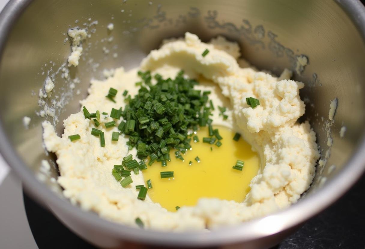 Mélange de fromage de chèvre frais et d'herbes dans un bol, illustrant une préparation délicieuse pour les amateurs de fromage.