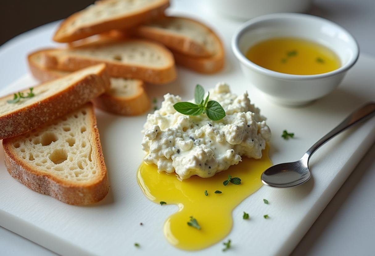 Baguette tranchée avec du fromage de chèvre frais, prête à être servie, un régal pour les amateurs de fromage.