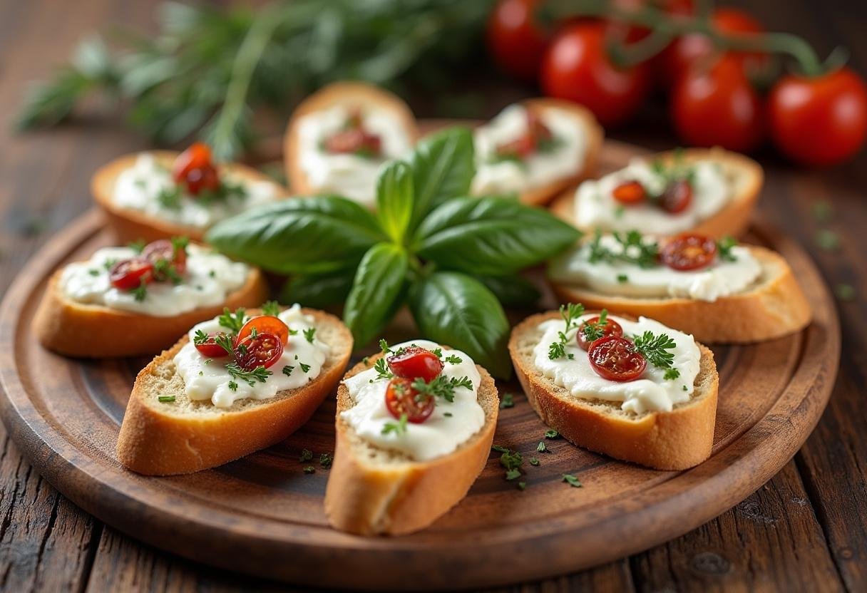 Plateau de service avec fromage de chèvre frais sur pain baguette, créant une belle présentation pour les invités.