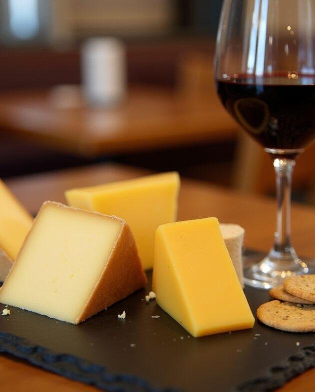 Fromages hollandais : présentation finale de morceaux de gouda et edam sur une planche en ardoise avec un verre de vin rouge.
