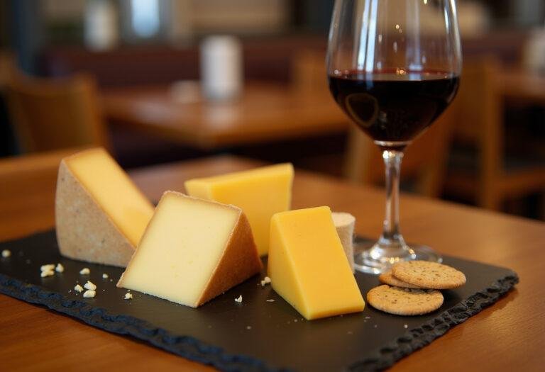 Fromages hollandais : présentation finale de morceaux de gouda et edam sur une planche en ardoise avec un verre de vin rouge.