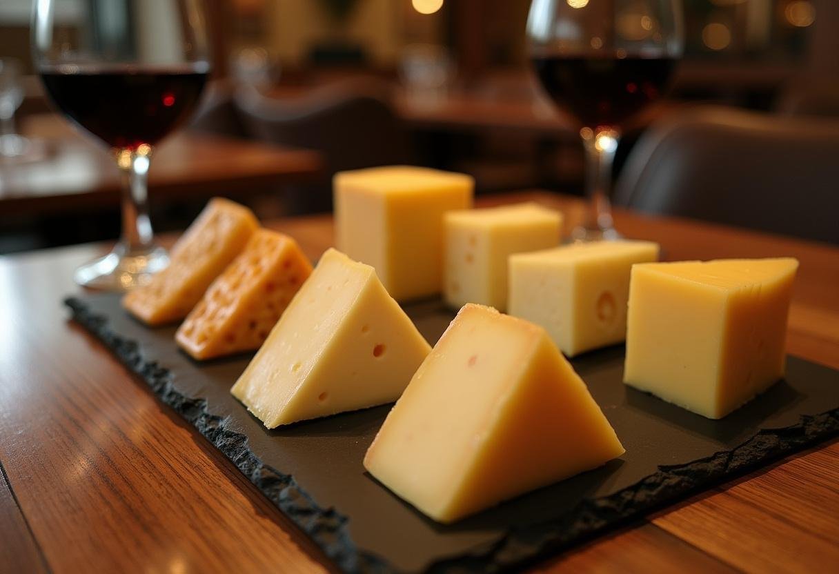 Fromages hollandais : présentation finale de morceaux de gouda et edam sur une planche en ardoise avec un verre de vin rouge.