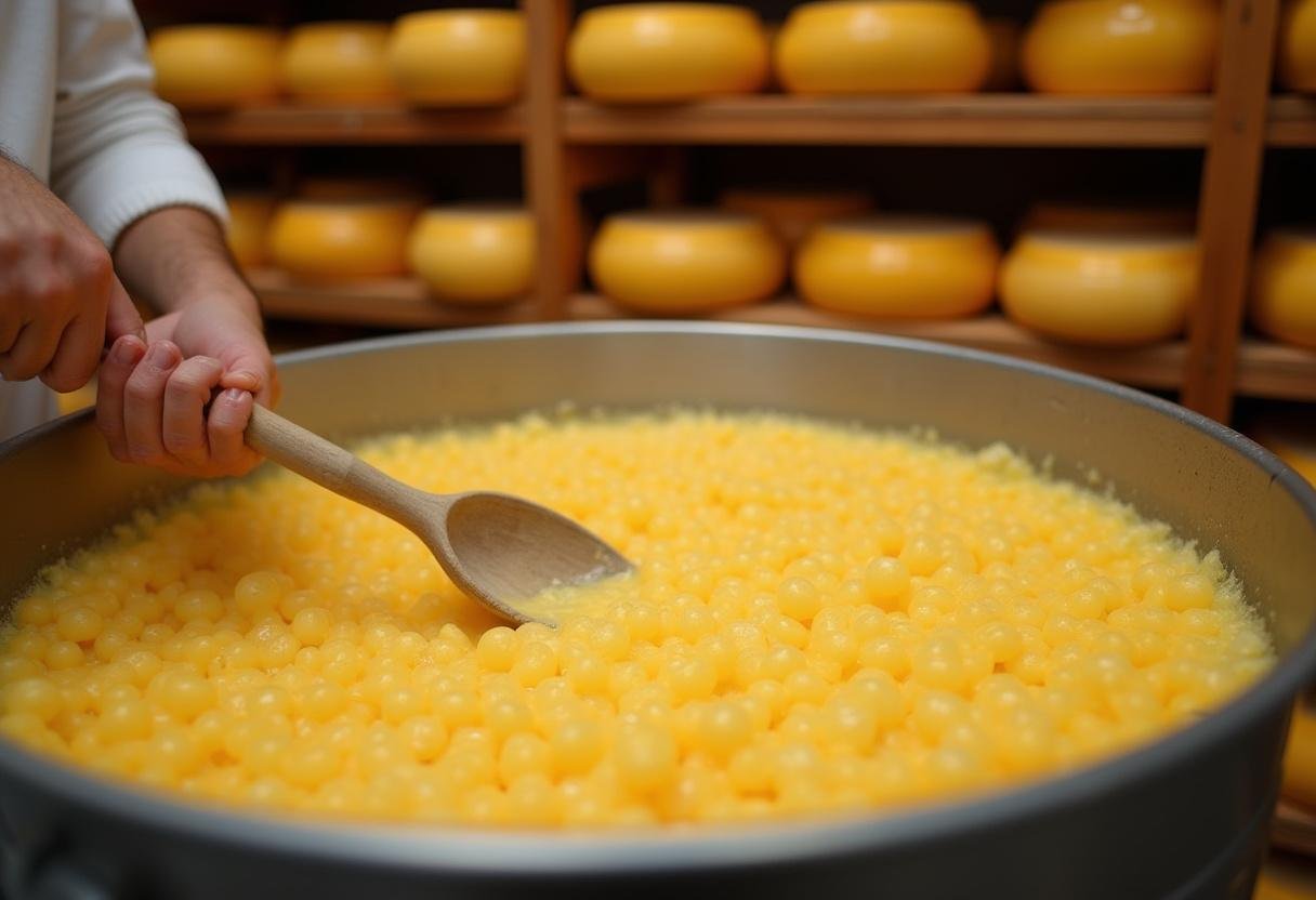 Fromages hollandais : caillé de fromage en train d'être mélangé dans un grand bac à fromage, avec des meules en arrière-plan.