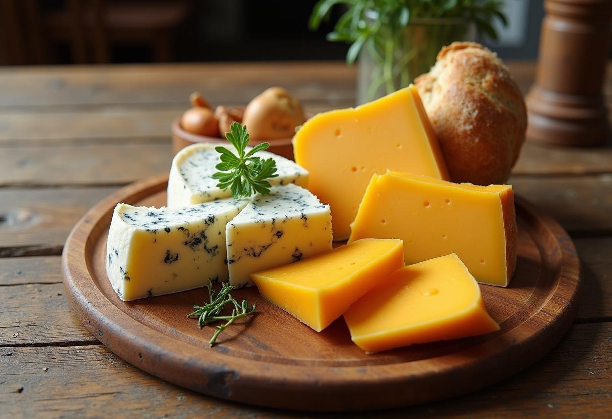 Plateau de fromages hollandais : gouda et edam présentés avec des herbes fraîches et du pain artisanal.