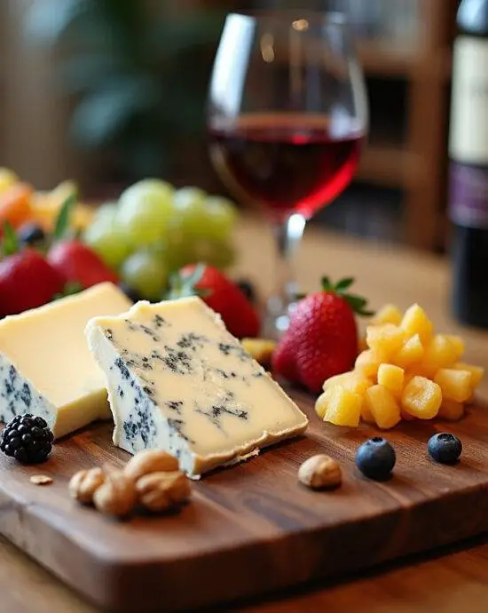 Un plateau de fromage magnifiquement présenté avec de la Serra da Estrela et de l'Azeitão, entouré de fruits frais, de noix et d'un verre de vin portugais, représentant l'apogée de l'expérience des fromages portugais.