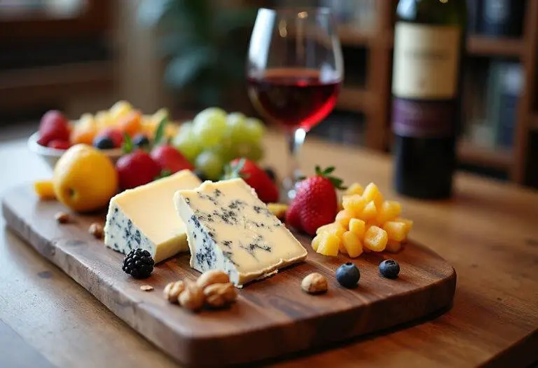 Un plateau de fromage magnifiquement présenté avec de la Serra da Estrela et de l'Azeitão, entouré de fruits frais, de noix et d'un verre de vin portugais, représentant l'apogée de l'expérience des fromages portugais.