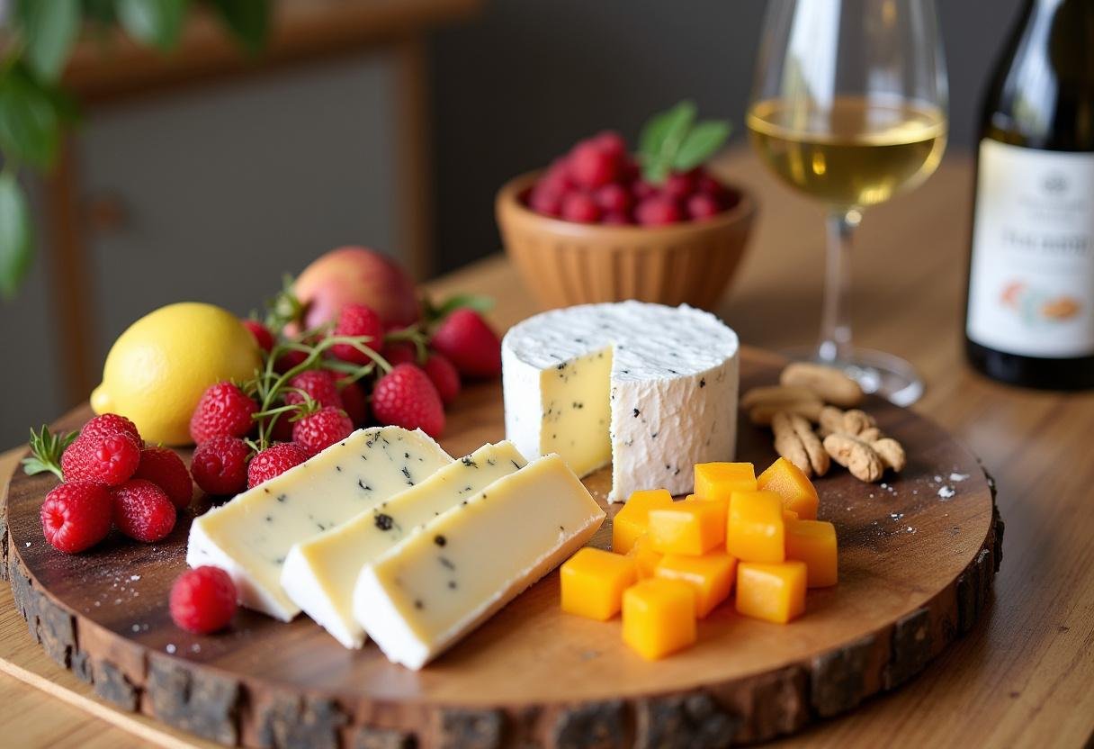 Un plateau de fromage magnifiquement présenté avec de la Serra da Estrela et de l'Azeitão, entouré de fruits frais, de noix et d'un verre de vin portugais, représentant l'apogée de l'expérience des fromages portugais.