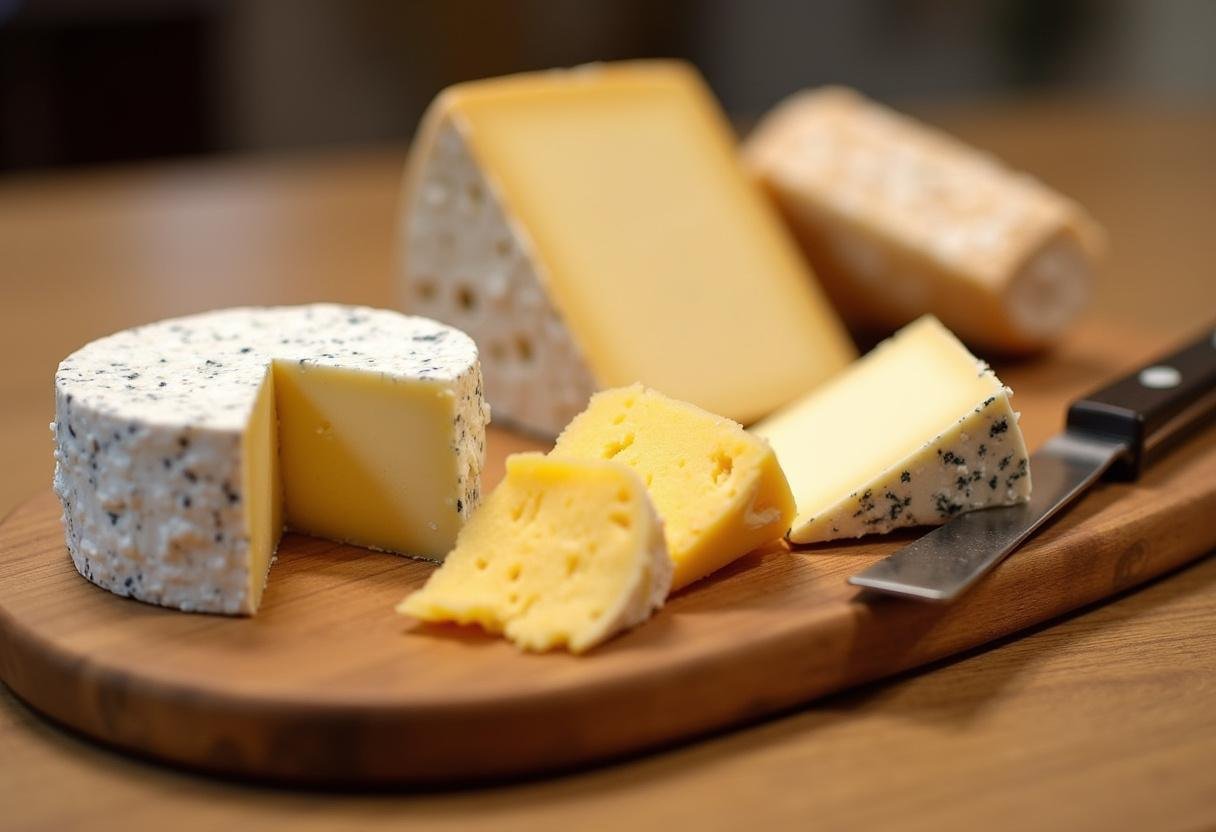 Une belle planche en bois présentant une variété de fromages portugais, dont la Serra da Estrela et l'Azeitão, mettant en valeur l'art de la gastronomie portugaise.