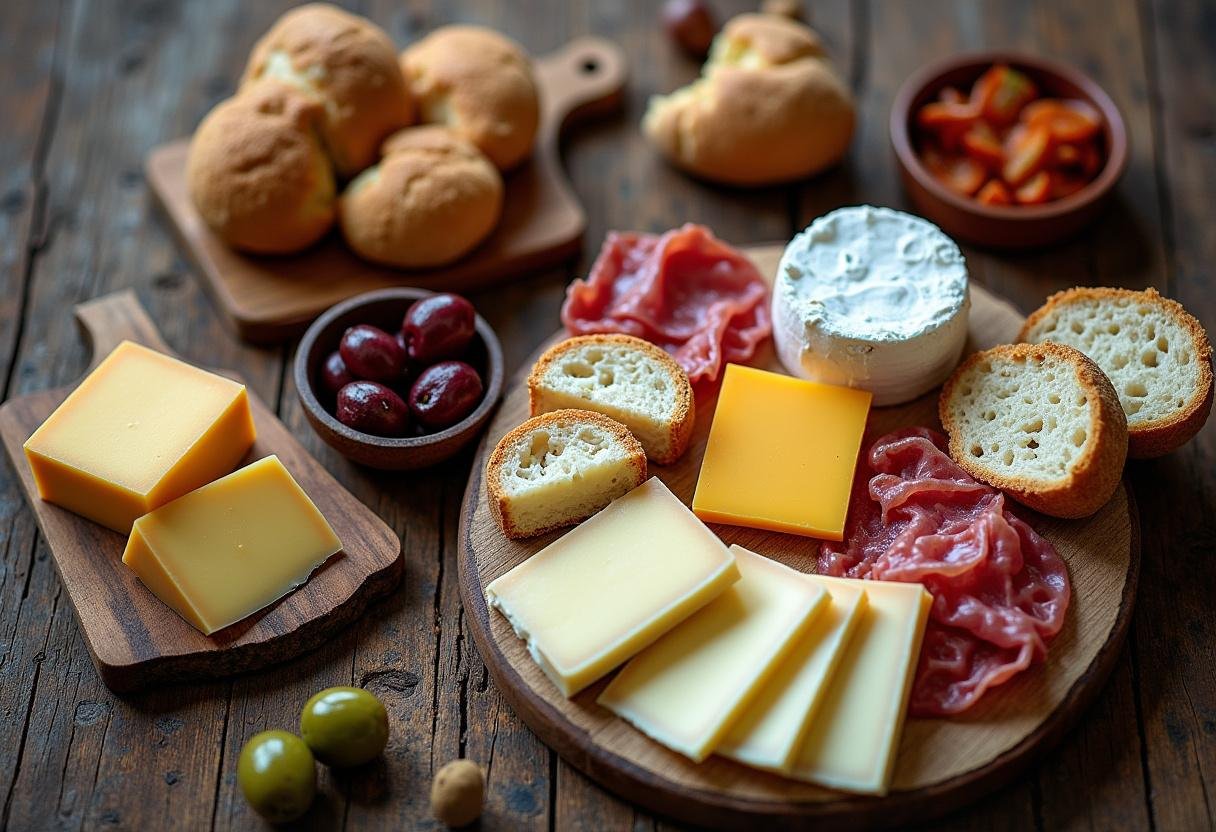 Une vue aérienne d'une table rustique avec des olives, des charcuteries et du pain frais, parfaite pour accompagner les fromages portugais.