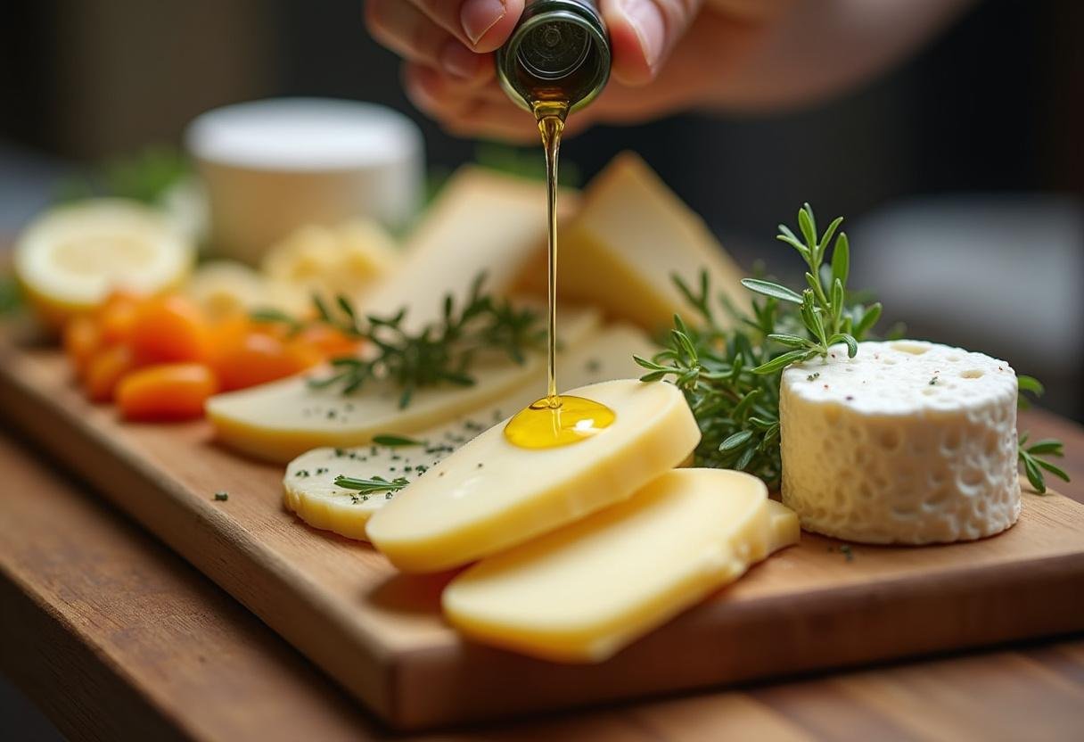 Une scĂšne rĂ©aliste oĂč un plateau de fromage est garni d'herbes fraĂźches et d'un filet d'huile d'olive, mettant en avant la richesse des fromages portugais.