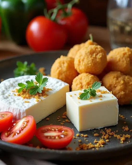 Dégustation finale du fromage turc avec des tomates et des poivrons, illustrant l'authenticité de la cuisine turque.