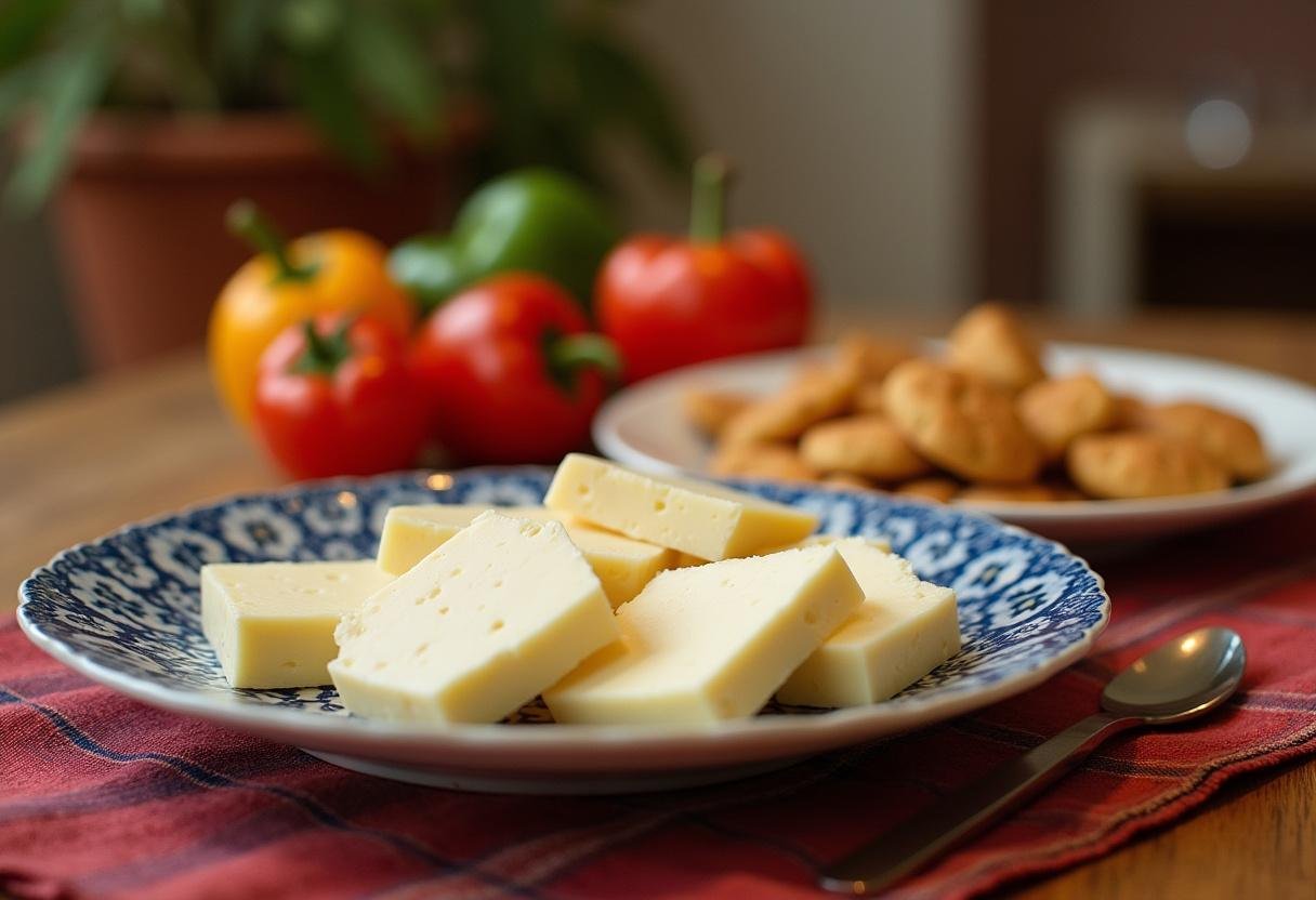 Dégustation finale du fromage turc avec des tomates et des poivrons, illustrant l'authenticité de la cuisine turque.