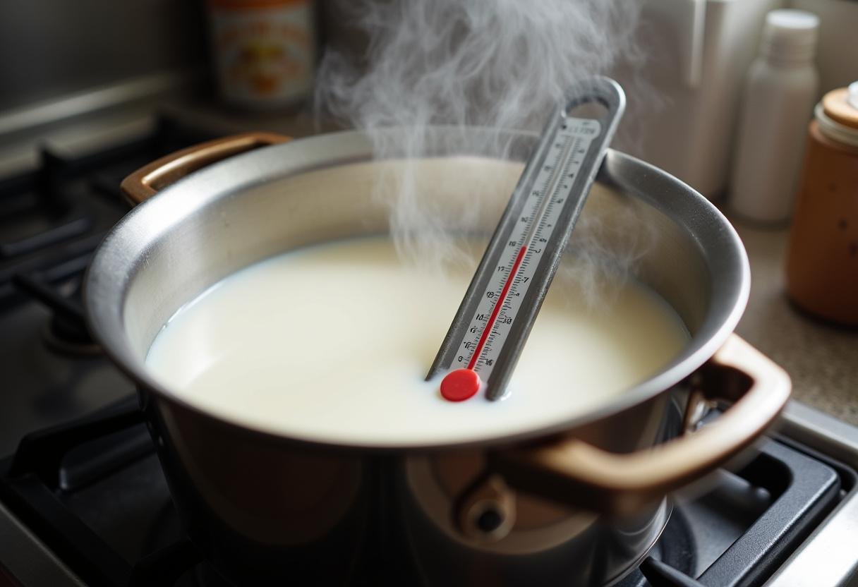 Chauffage du lait pour la fabrication du fromage turc, une étape clé pour obtenir la texture parfaite.