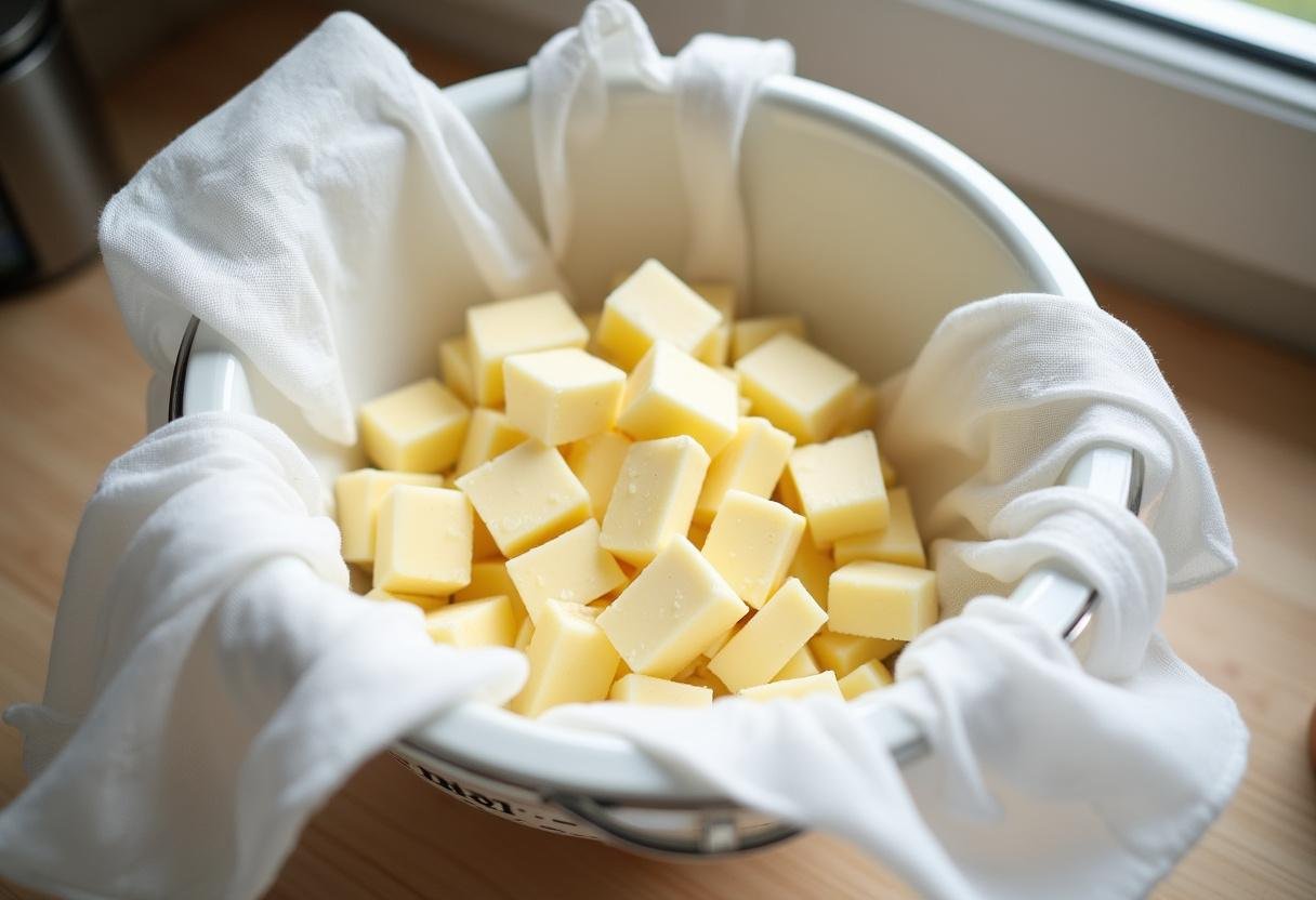 Égouttage du caillé pour le fromage turc, une étape essentielle dans le processus de fabrication du fromage.