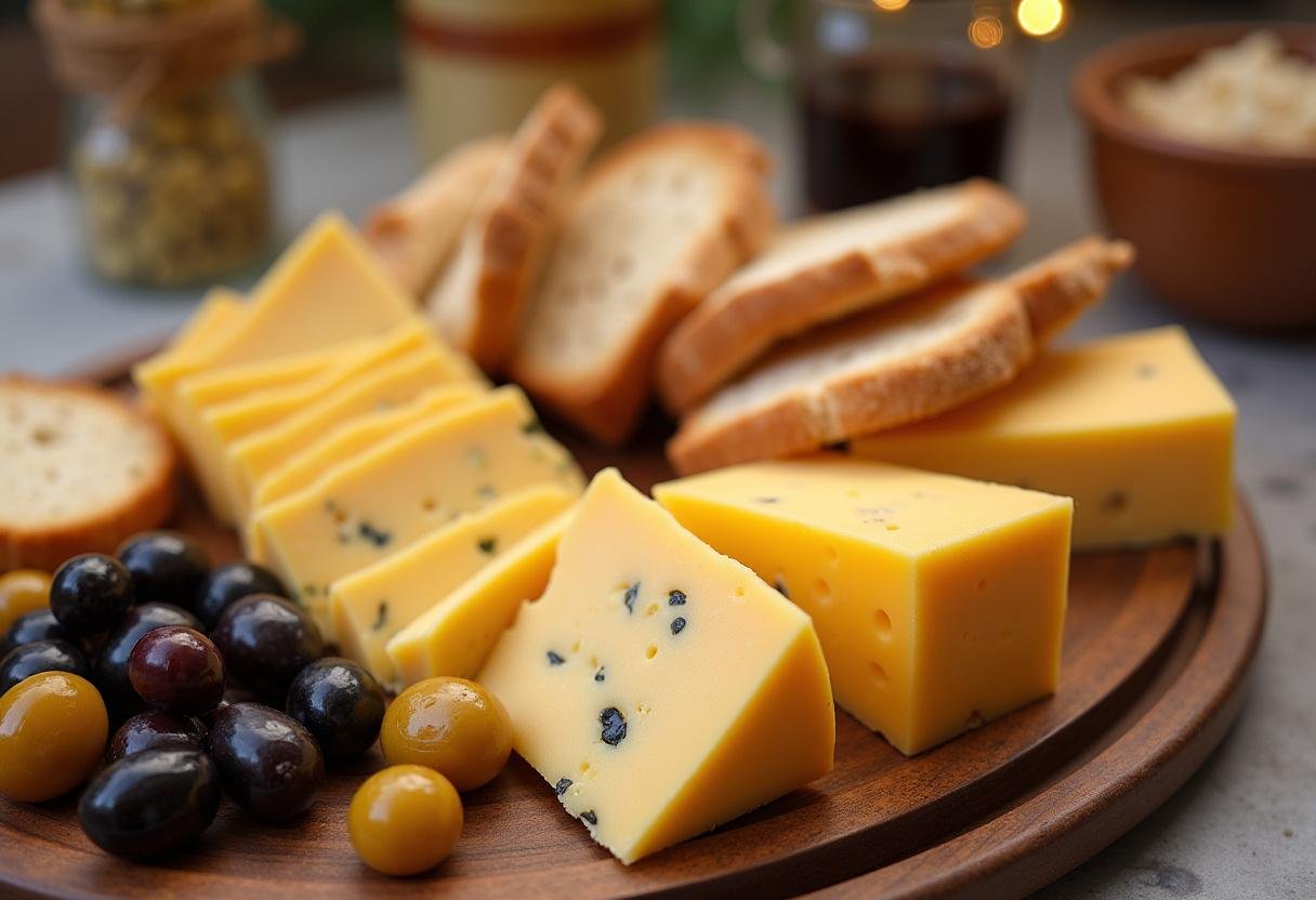 Présentation du fromage turc Kaşar avec des olives et du pain, parfaite pour une dégustation.