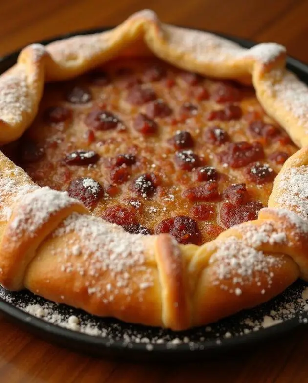Galette Basque Traditionnelle au Gâteau Basque sortant du four, dorée et garnie de sucre glace, sur une table en bois.
