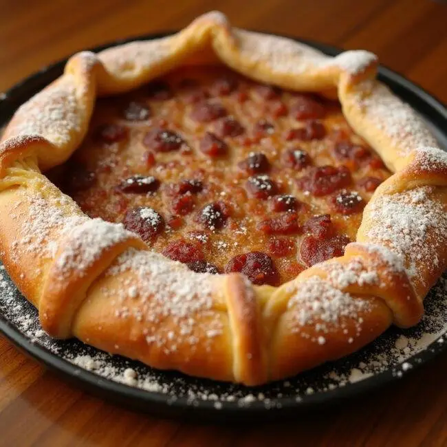 Galette Basque Traditionnelle au Gâteau Basque sortant du four, dorée et garnie de sucre glace, sur une table en bois.